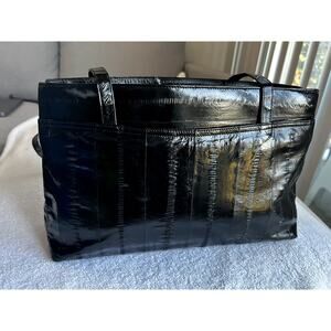 Vintage Genuine Eel Skin Leather glossy ribbed light Black Shoulder Bag Purse